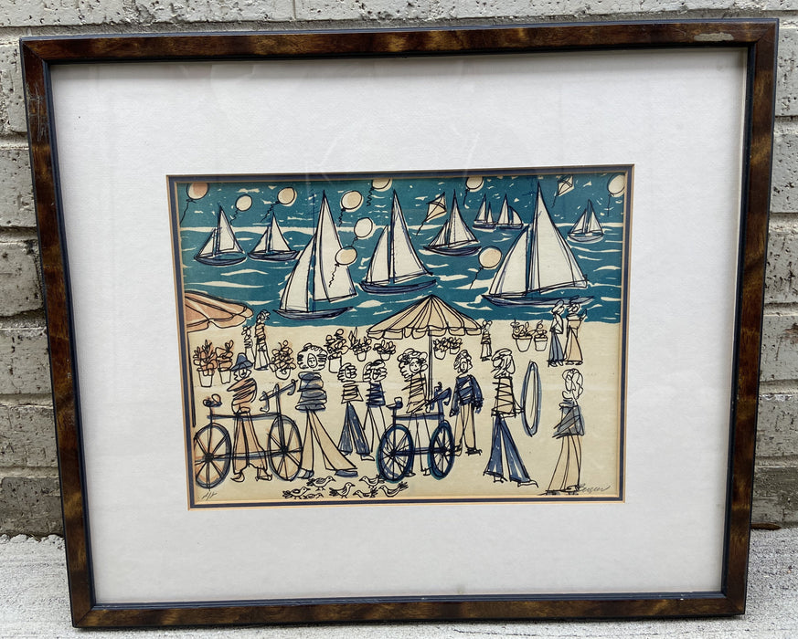 INK AND WATERCOLOR PAINTING OF SEASHORE WITH BOATS AND PEOPLE