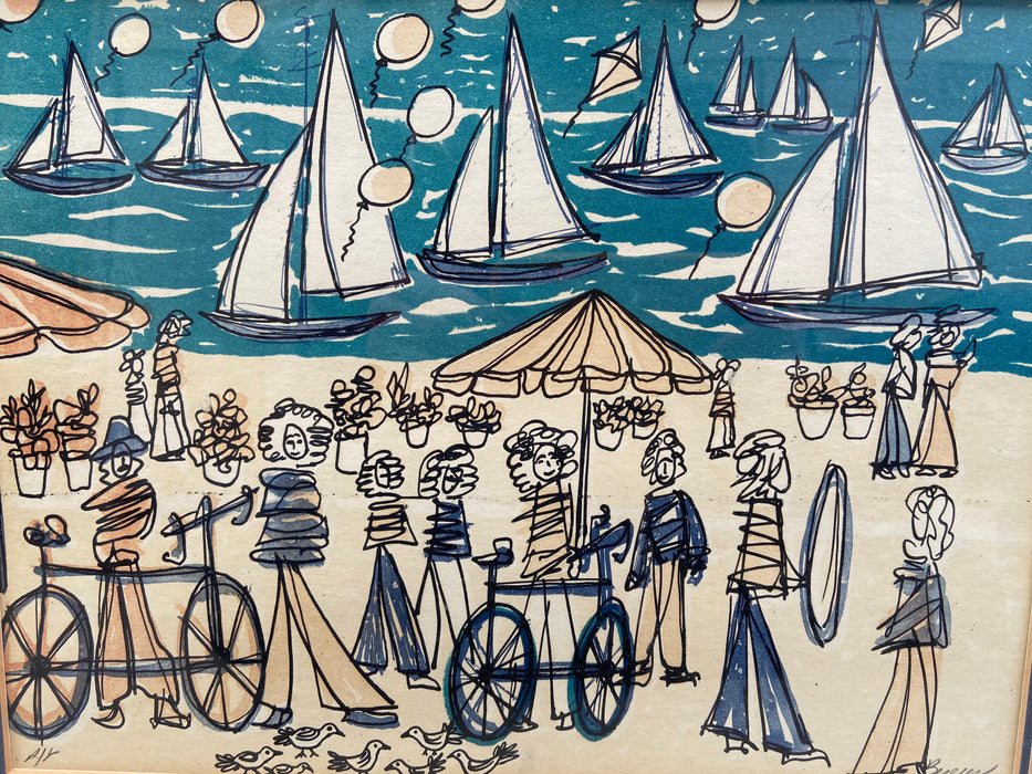 INK AND WATERCOLOR PAINTING OF SEASHORE WITH BOATS AND PEOPLE