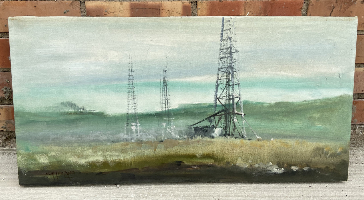 SIGNED HORIZONTAL OIL PAINTING OF DELAPIDATED OIL RIG