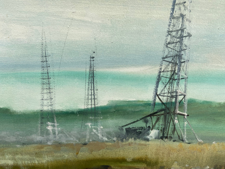 SIGNED HORIZONTAL OIL PAINTING OF DELAPIDATED OIL RIG