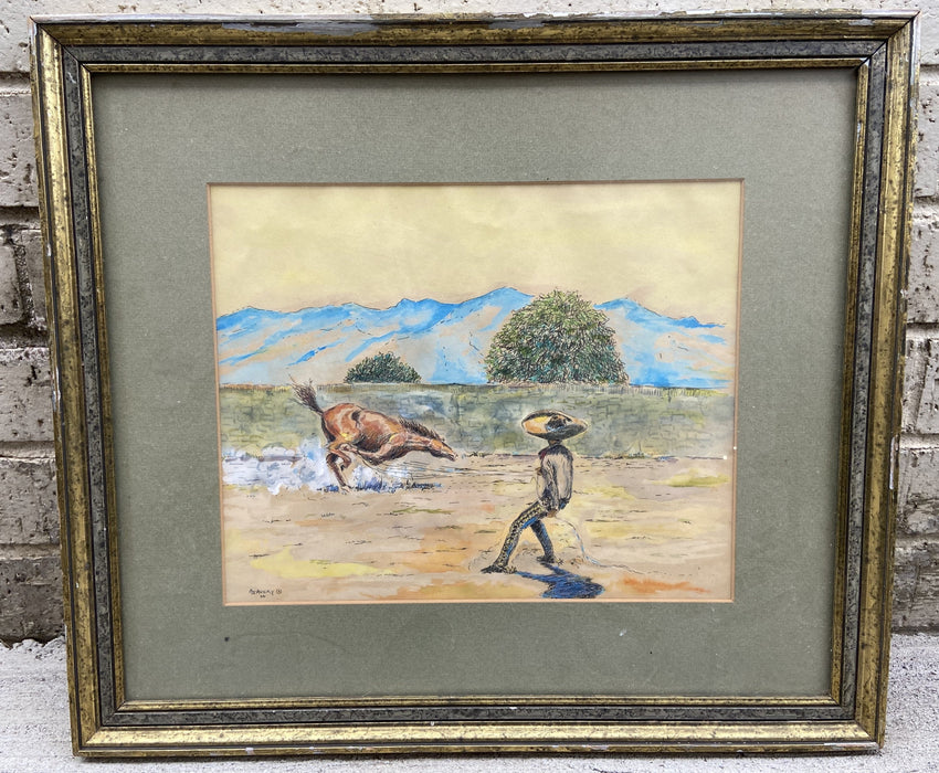 WATERCOLOR OF HISPANIC COWBOY ROPING A HORSE