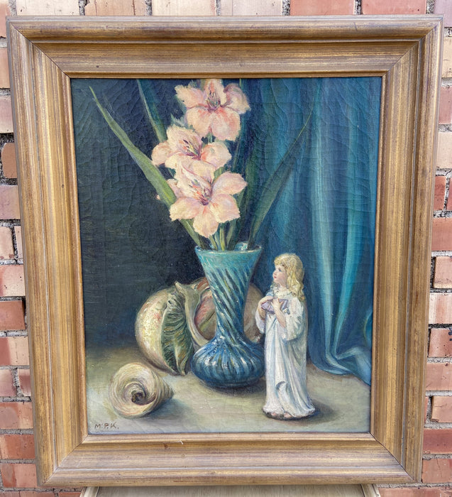 STILL LIFE OIL PAINTING OF FLORAL VASE, SHELLS, AND CHILD FIGURINE SIGNED M.P.K.