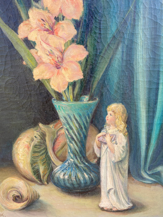 STILL LIFE OIL PAINTING OF FLORAL VASE, SHELLS, AND CHILD FIGURINE SIGNED M.P.K.