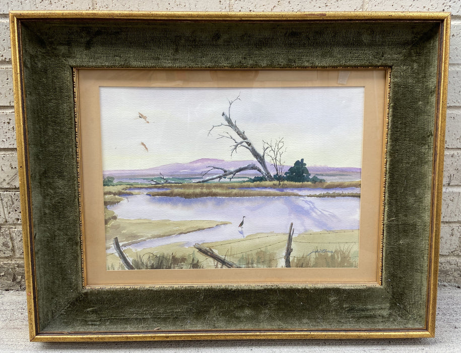 WATERCOLOR OF CRANES ON A POND BY JODIE BORAN