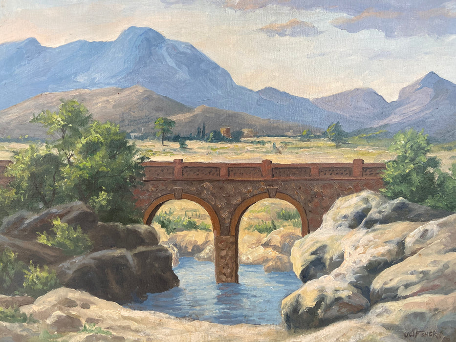 LANDSCAPE OIL PAINTING OF BRIDGE AND MOUNTAINS "OLD BRIDGE" BY ULRICH FISHER 1887-1970