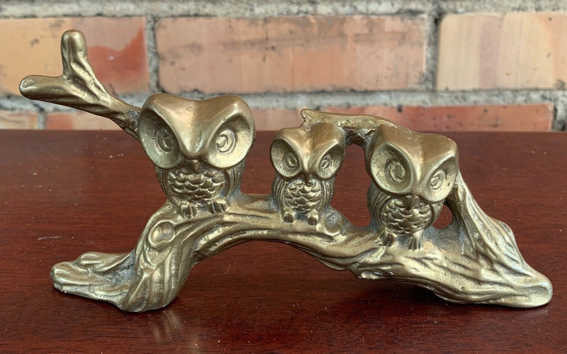 BRASS OWL TRIO ON A LIMB