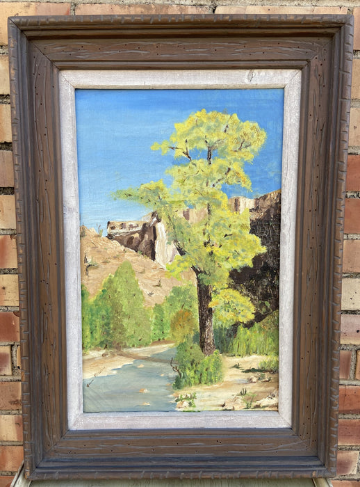 VERTICAL IMPRESSIONIST OIL PAINTING OF LANDSCAPE IN RUSTIC FRAME