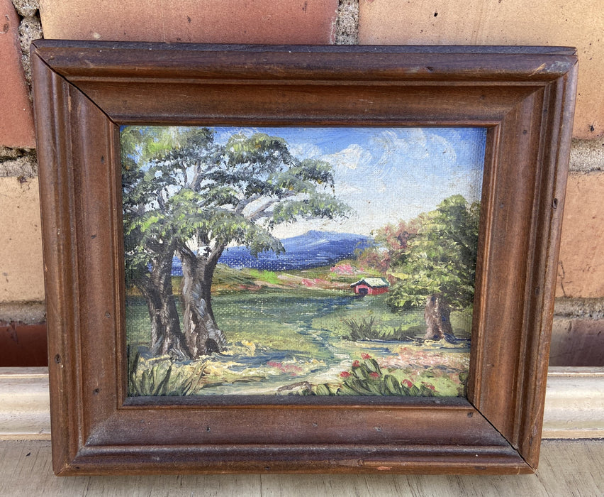 TINY OIL PAINTING OF BARN AND TREES