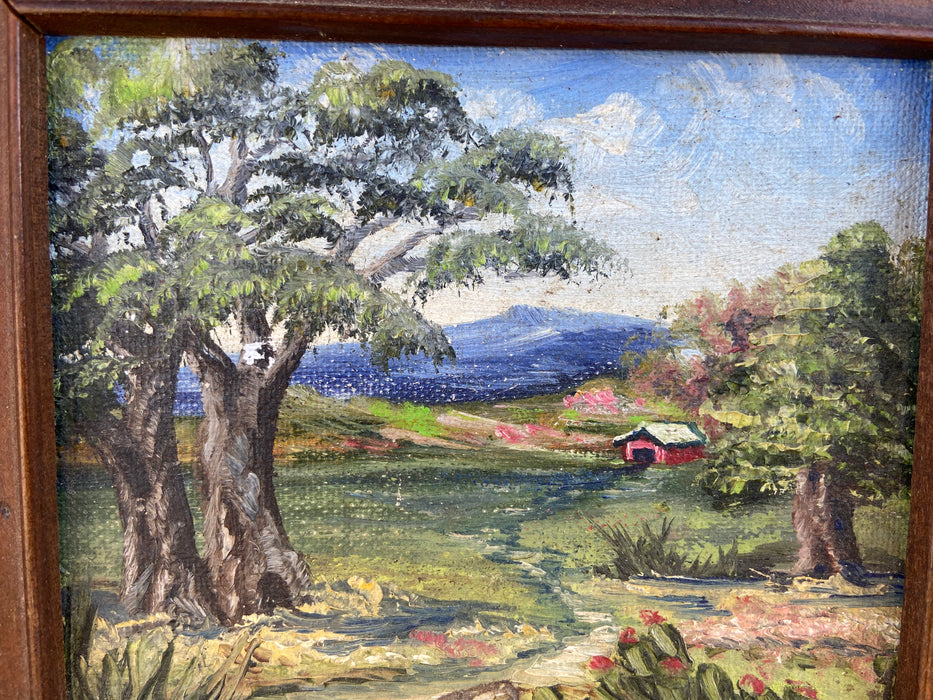 TINY OIL PAINTING OF BARN AND TREES