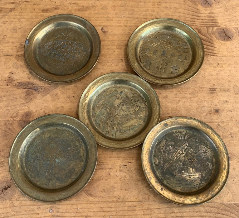 SET OF 5 INCISED BRASS COASTERS