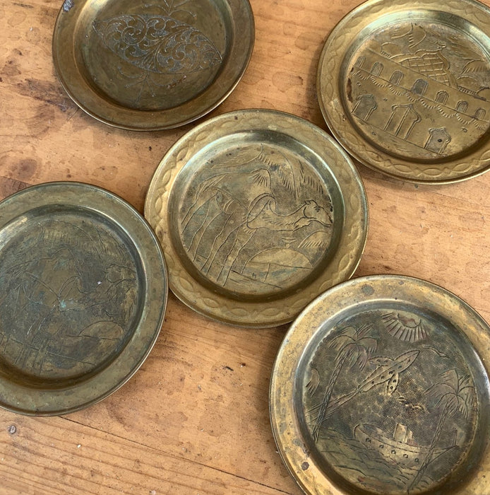 SET OF 5 INCISED BRASS COASTERS