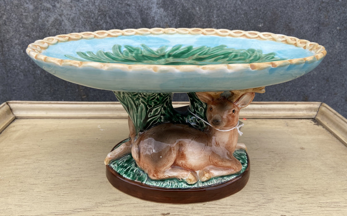 HAND PAINTED COMPOTE WITH RECUMBANT DEER