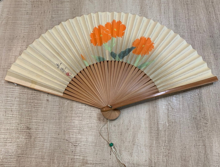 WHITE WITH ORANGE FLORALS CHINESE FAN