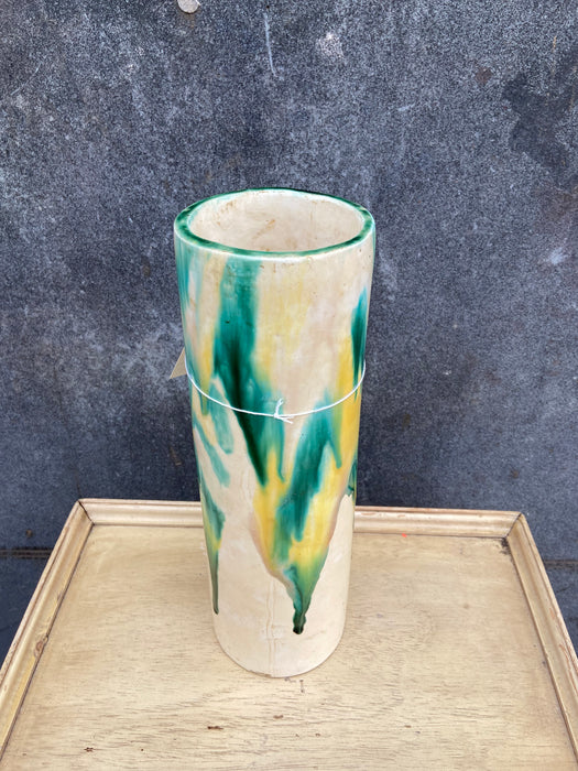 VINTAGE HANDMADE POTTERY SLEEVE VASE WITH YELLOW AND GREEN DRIP GLAZE