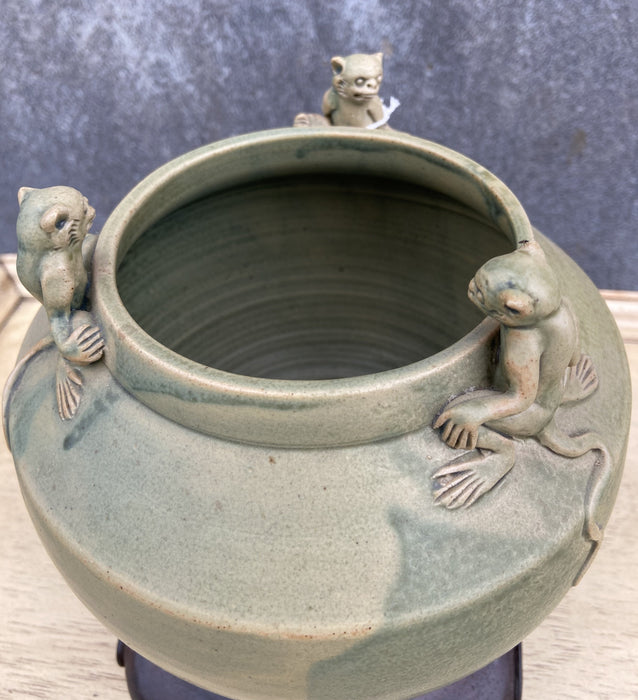 VINTAGE CHINESE CELADON JAR WITH APPLIED MONKEYS ON WOOD STAND