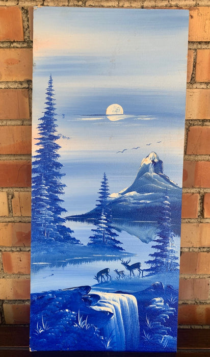 NARROW BLUE AND WHITE SCENIC OIL ON BOARD PAINTING WITH DEER