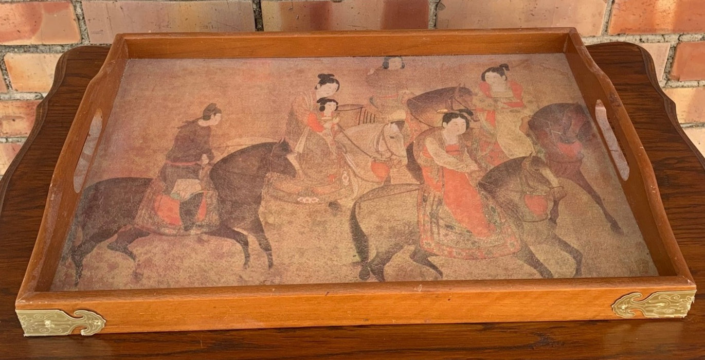 WOODEN TRAY WITH CHINESE HORSE RIDING SCENE