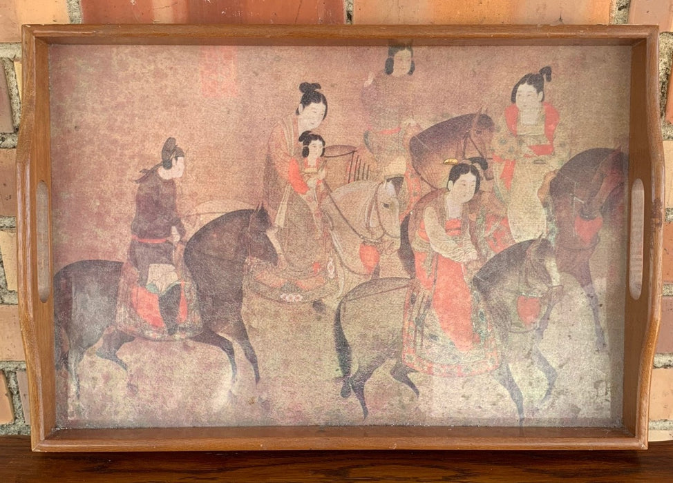 WOODEN TRAY WITH CHINESE HORSE RIDING SCENE