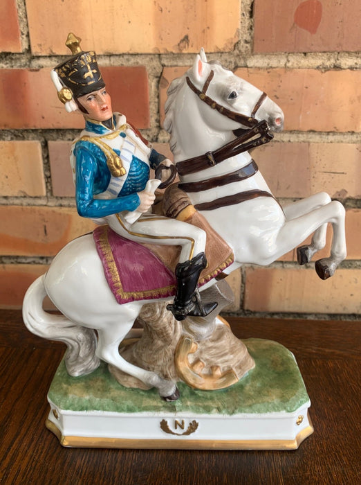 PORCELAIN BLUE COAT SOLDIER ON HORSE STATUE