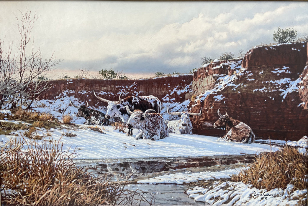 MIXED MEDIA WINTER LANDSCAPE   PAINTING OF TEXAS LONGHORN CATTLE -OIL AND PASTEL BY DAVID SANDERS (1936-2013)