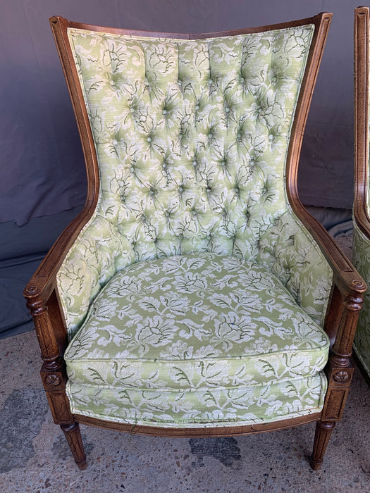 PAIR OF VINTAGE TUFTED GREEN UPHOLSTERED BERGERE CHAIRS