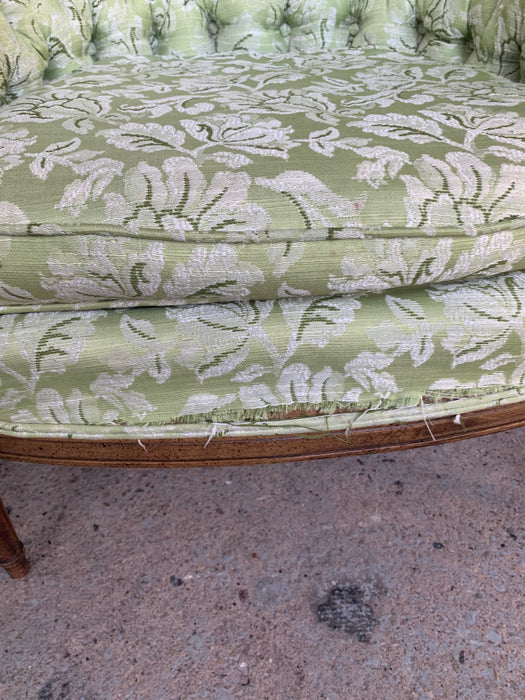 PAIR OF VINTAGE TUFTED GREEN UPHOLSTERED BERGERE CHAIRS