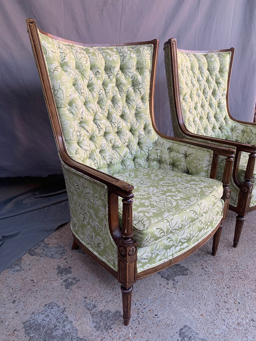 PAIR OF VINTAGE TUFTED GREEN UPHOLSTERED BERGERE CHAIRS