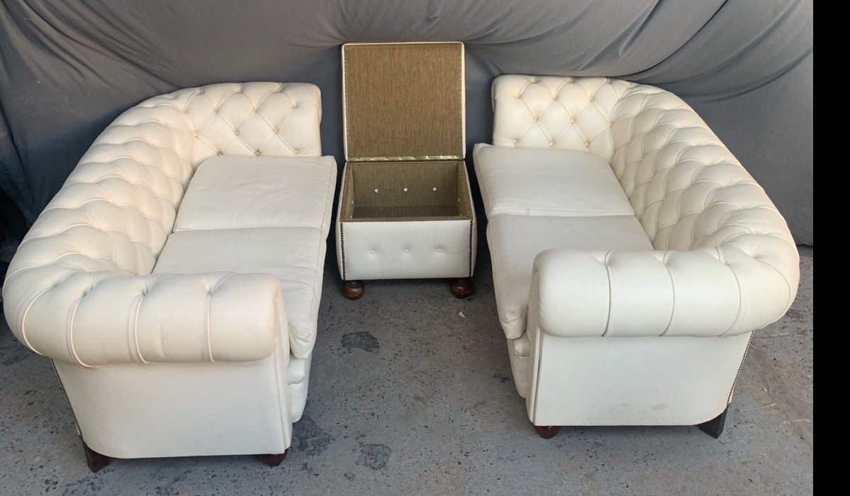 SET OF 2 WHITE LEATHER CHESTERFIELD LOVESEATS WITH MATCHING OTTOMAN