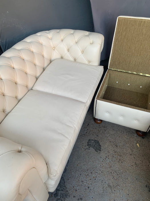 SET OF 2 WHITE LEATHER CHESTERFIELD LOVESEATS WITH MATCHING OTTOMAN