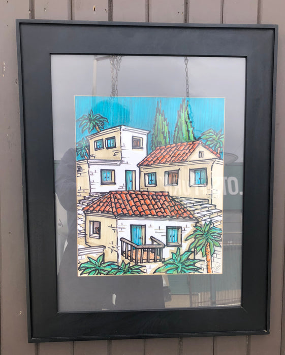 FRAMED ARTWORK WITH CLAY TILE ROOF WHITE DWELLING & PALM TREES