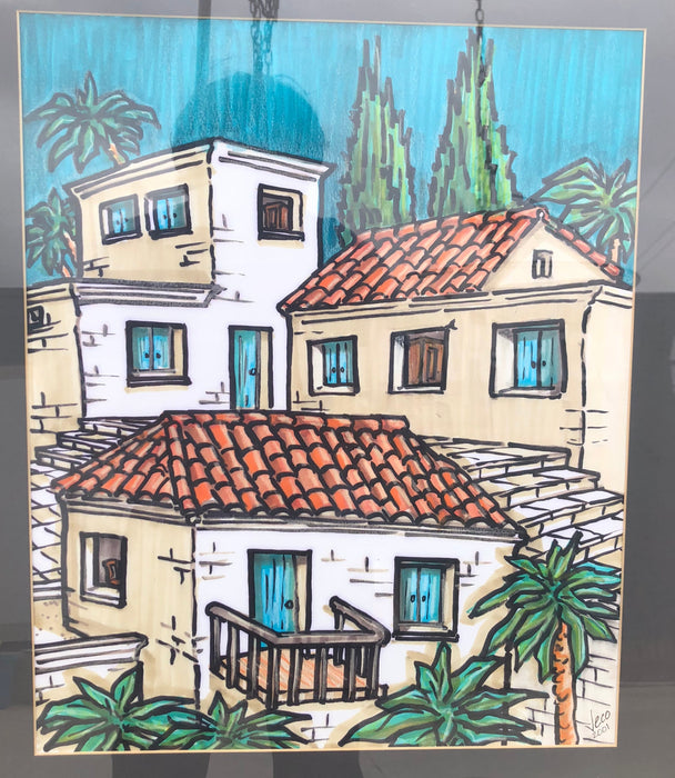 FRAMED ARTWORK WITH CLAY TILE ROOF WHITE DWELLING & PALM TREES