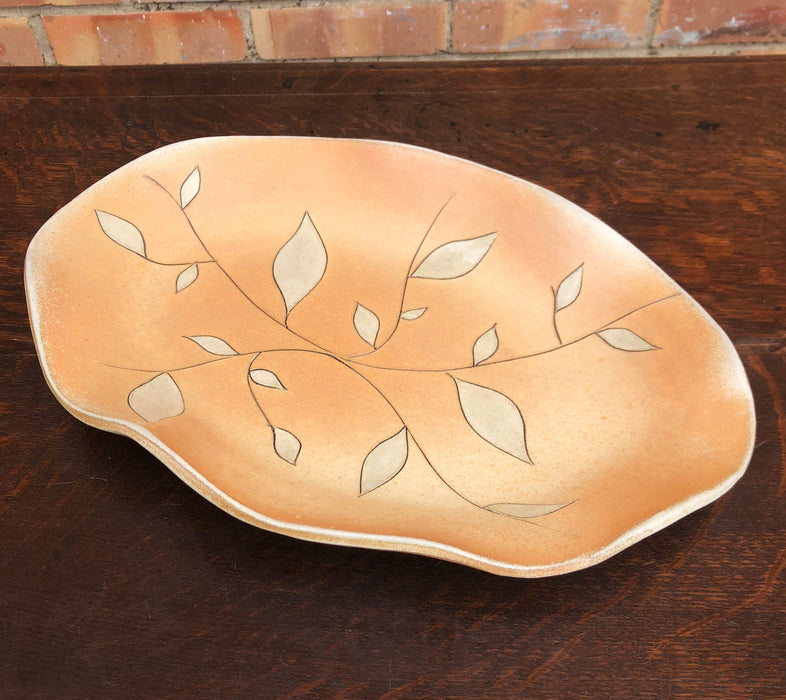 STONEWARE PLATTER WITH LEAF & BRANCH DESIGN, SIGNED BY ARTIST - ANGIE WHITE