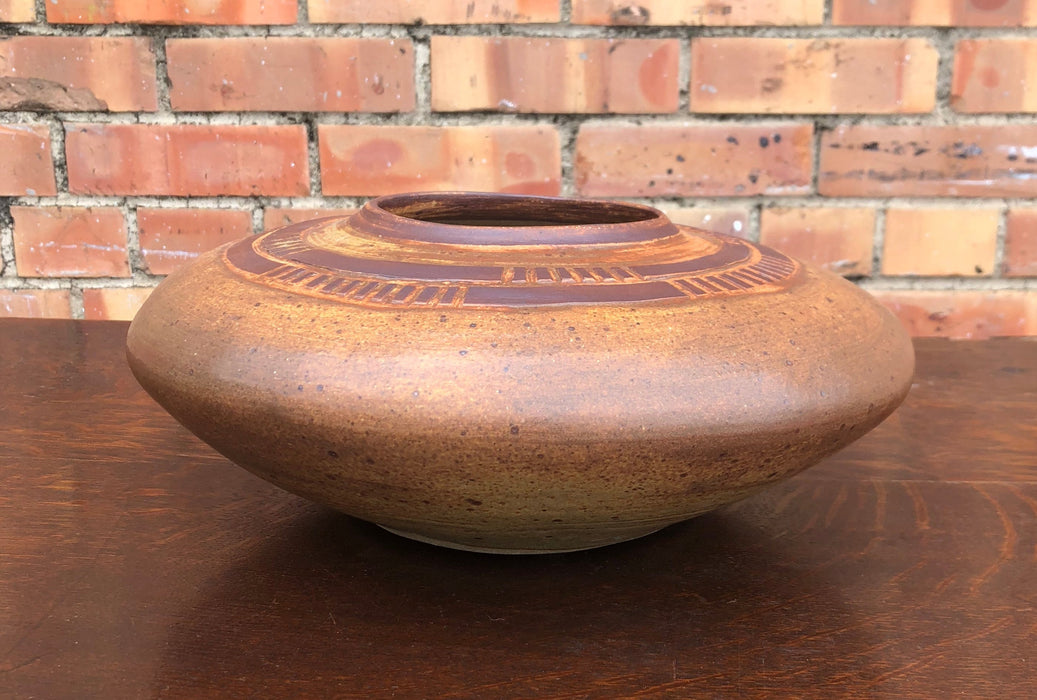 LOW BROWN GLAZED STONEWARE VASE