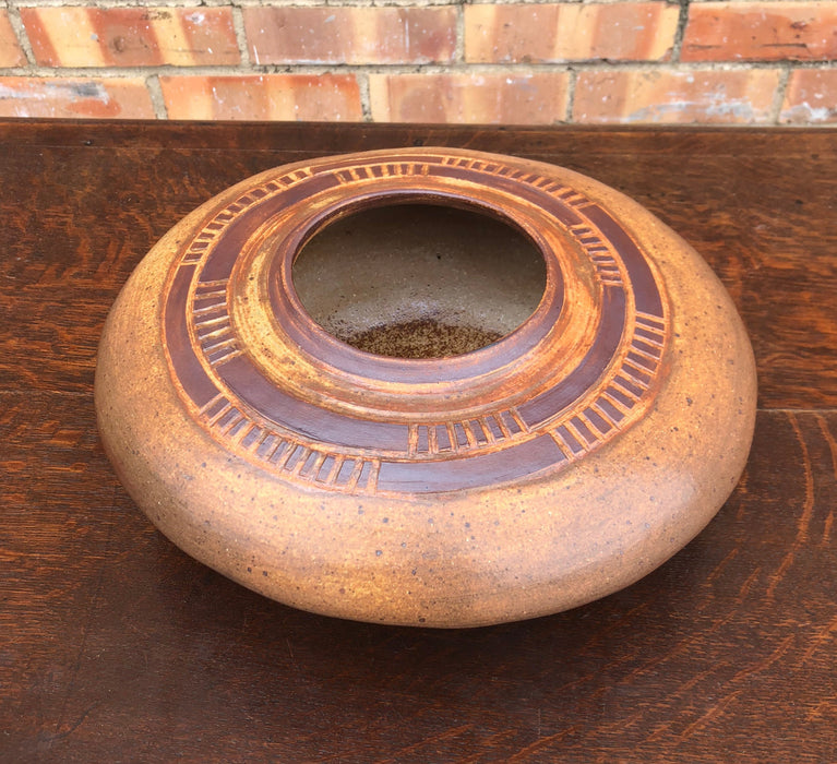 LOW BROWN GLAZED STONEWARE VASE