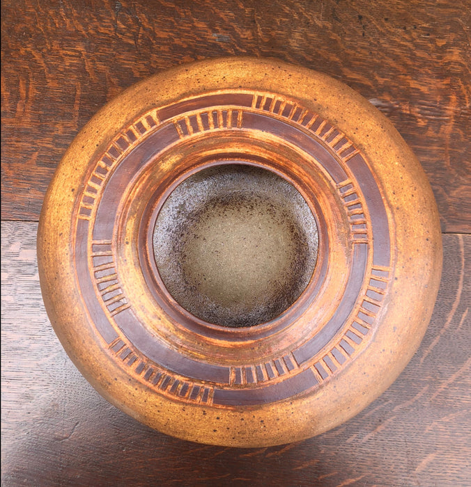 LOW BROWN GLAZED STONEWARE VASE