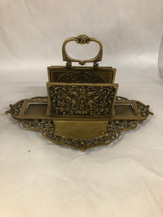 DOUBLE SIDED BRASS GRIFFIN  INKWELL & LETTER HOLDER STAND