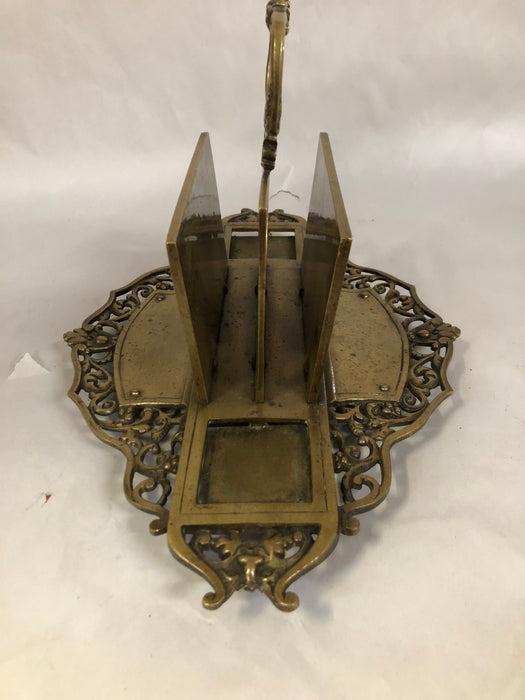DOUBLE SIDED BRASS GRIFFIN  INKWELL & LETTER HOLDER STAND