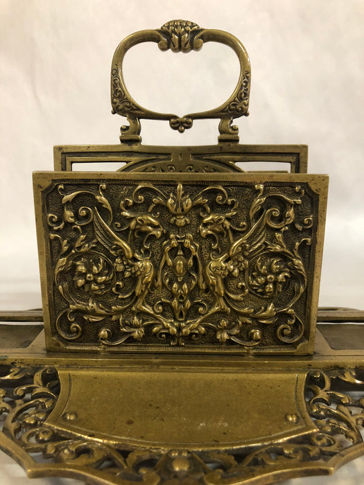 DOUBLE SIDED BRASS GRIFFIN  INKWELL & LETTER HOLDER STAND