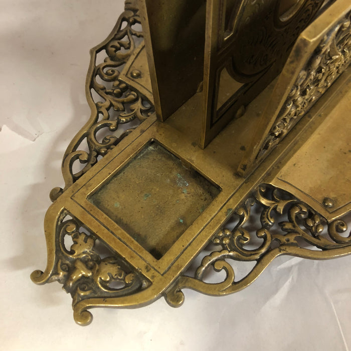 DOUBLE SIDED BRASS GRIFFIN  INKWELL & LETTER HOLDER STAND