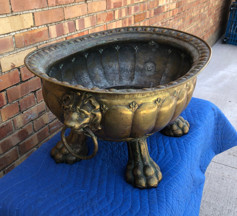 LARGE HANDMADE BRASS PAW-FOOTED OVAL JARDINIERE