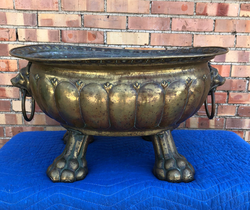 LARGE HANDMADE BRASS PAW-FOOTED OVAL JARDINIERE