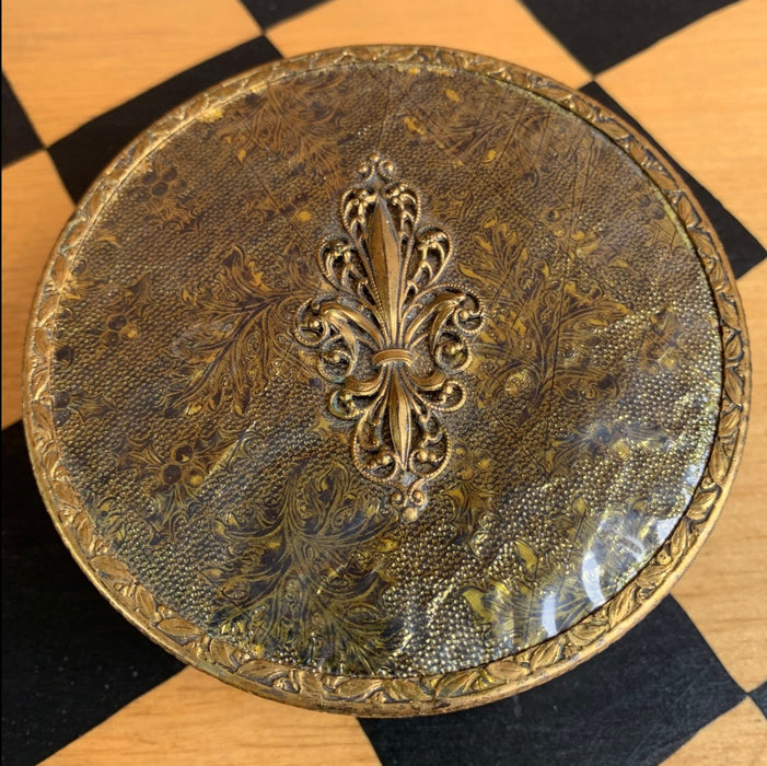 ROUND BRASS AND GLASS FLEUR DI LIS BOX