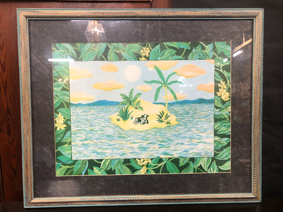 FRAMED PRINT OF A COW ON AN ISLAND
