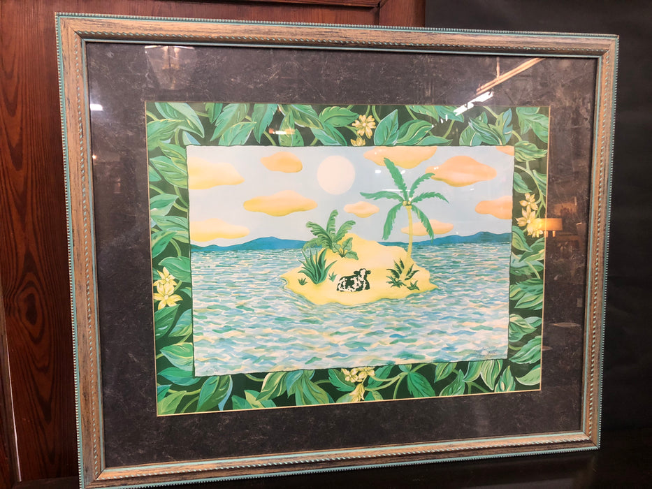 FRAMED PRINT OF A COW ON AN ISLAND