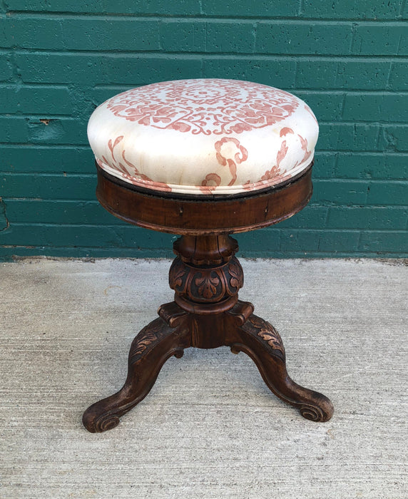 CARVED TRIPOD ORGAN STOOL WITH UPHOLSTERED CUSHION