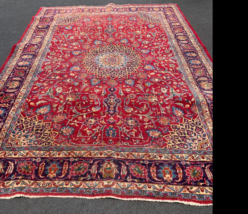 HUGE RED AND BLUE HAND KNOTTED PERSIAN RUG - NEEDS CLEANED