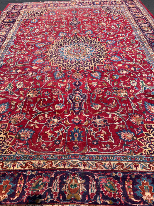 HUGE RED AND BLUE HAND KNOTTED PERSIAN RUG - NEEDS CLEANED