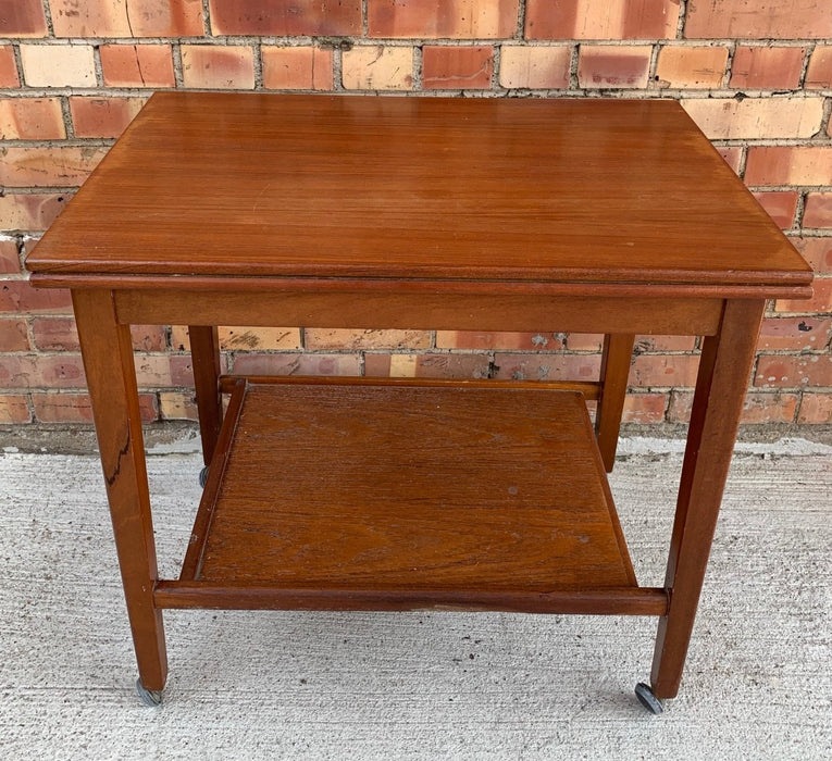 MID CENTURY TEAK ROLLING CART WITH FLAP OPEN FELT TOP