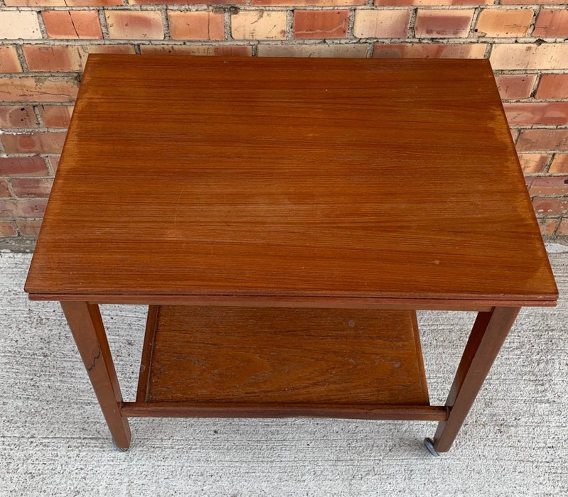 MID CENTURY TEAK ROLLING CART WITH FLAP OPEN FELT TOP