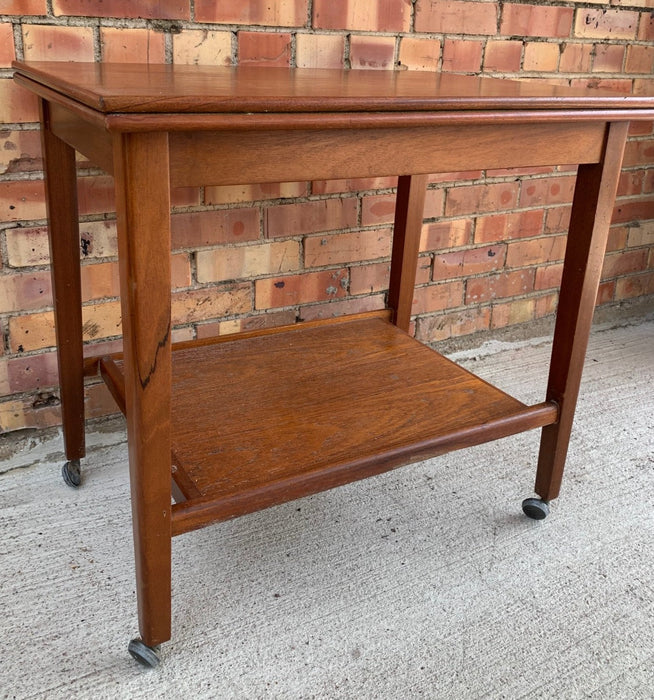 MID CENTURY TEAK ROLLING CART WITH FLAP OPEN FELT TOP